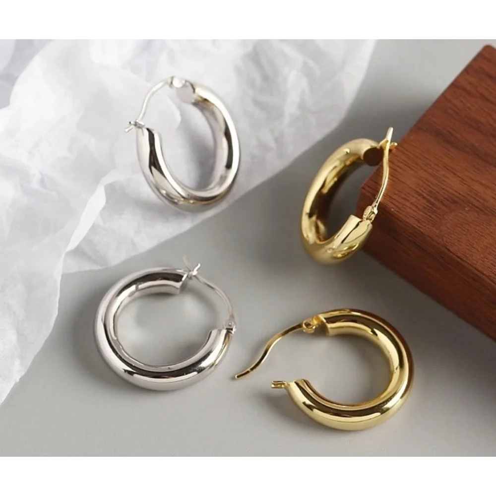 Large Tubular 18k‎ White Gold Filled Hoop Earrings, 30mm